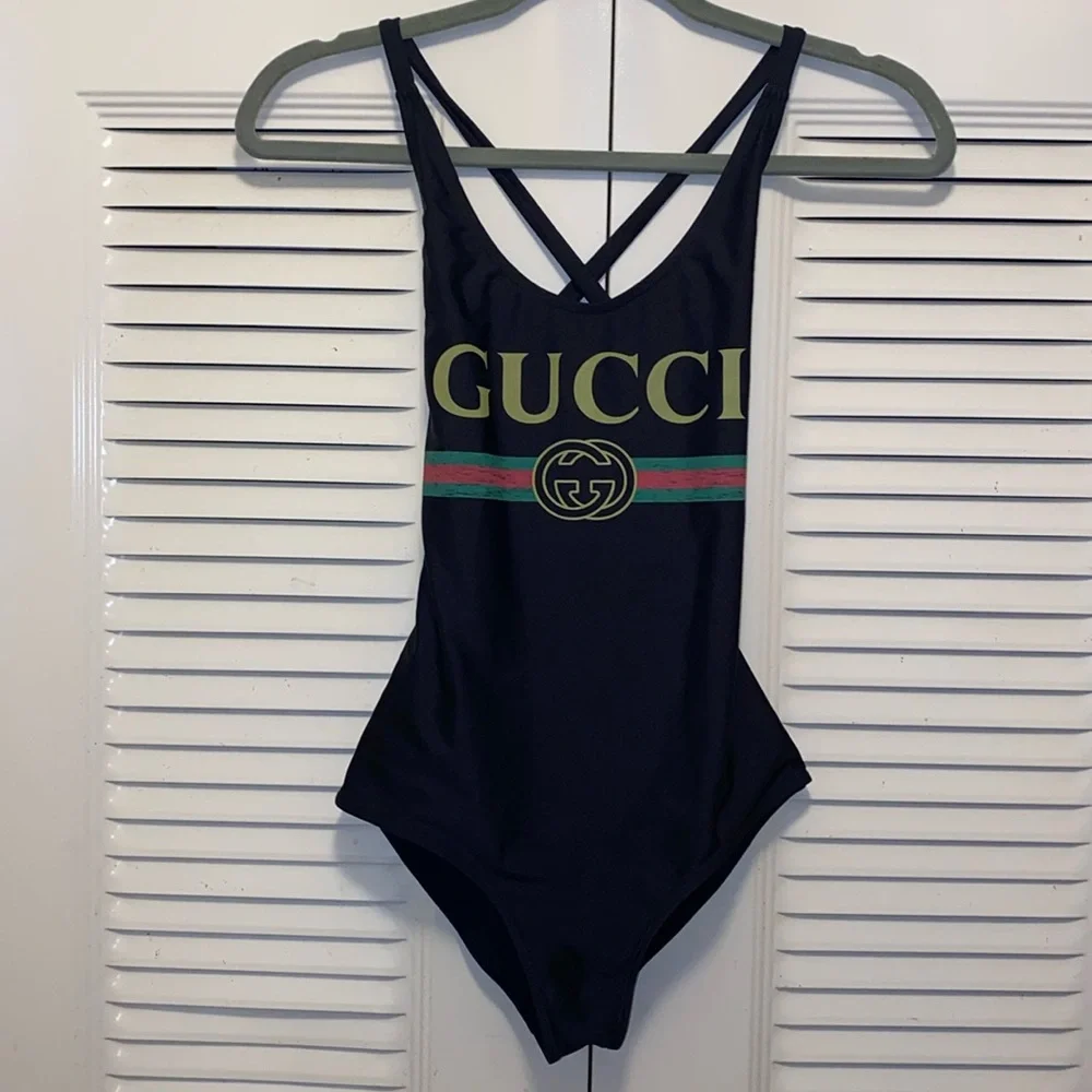 GUCCI Black Sparkling Logo Swimsuit XS